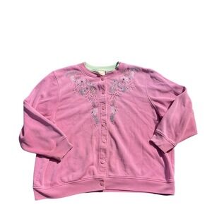 Vintage Sweatshirt Womens Collared Embroidered Floral Button Up XXL Flawed